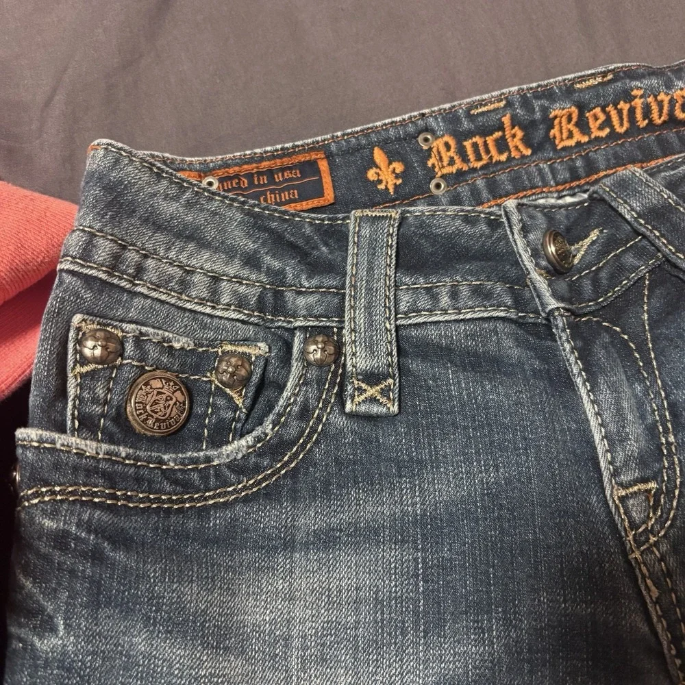 Y2K Rock Revival Celine Boot Cut Jeans Size 27 Distressed Flap Pocket Blue Denim